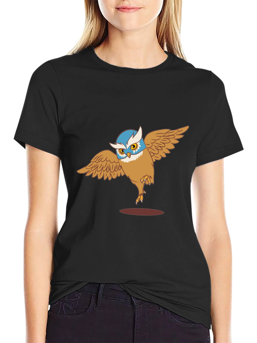 Owl Cartoon Graphic Print Black T-Shirt