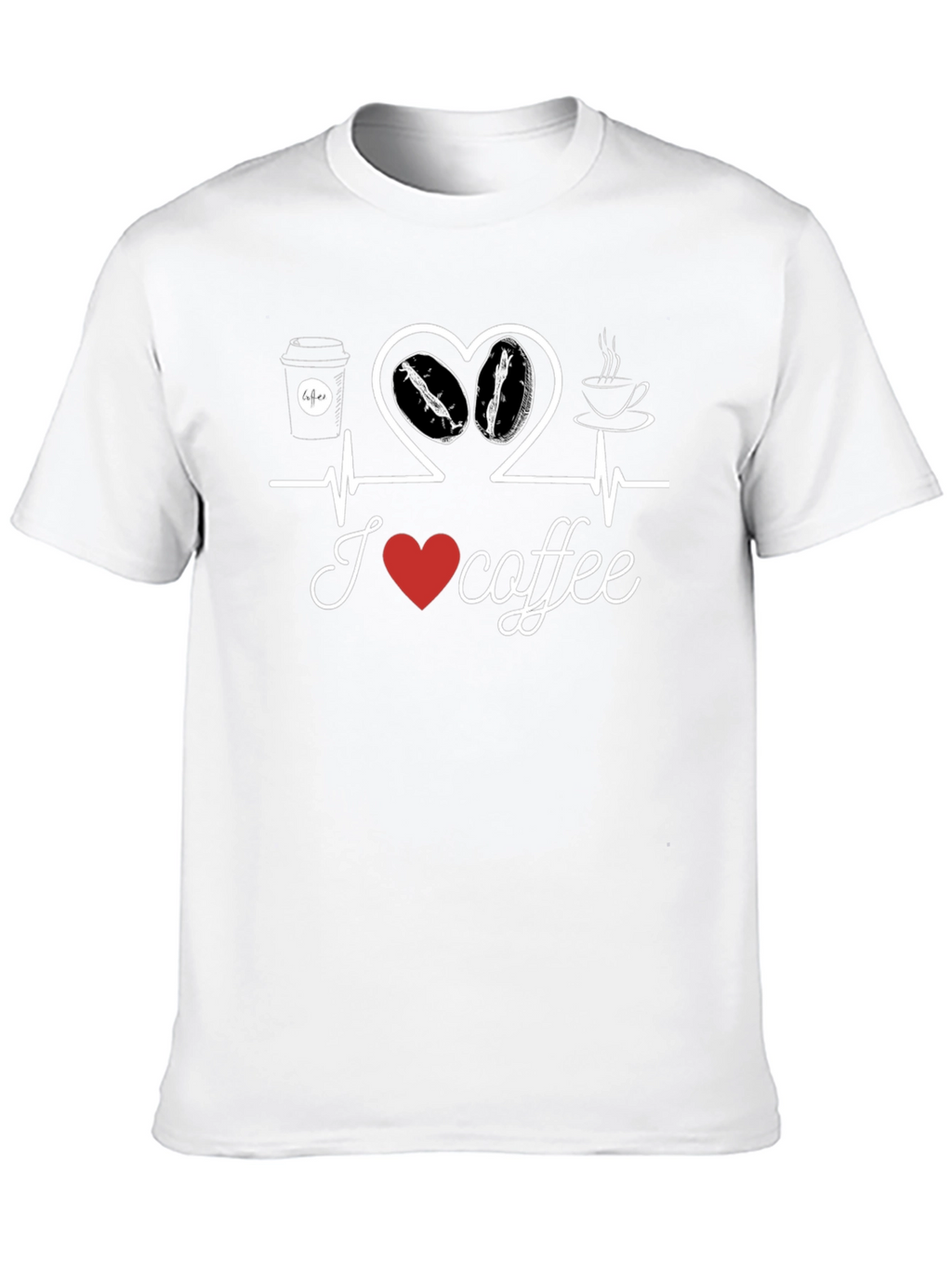 I Love Coffee T-Shirt Heartbeat Design Casual Cotton Tee