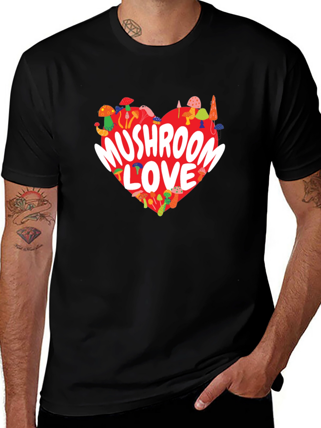 Mushroom Love Heart Graphic Tee - Black