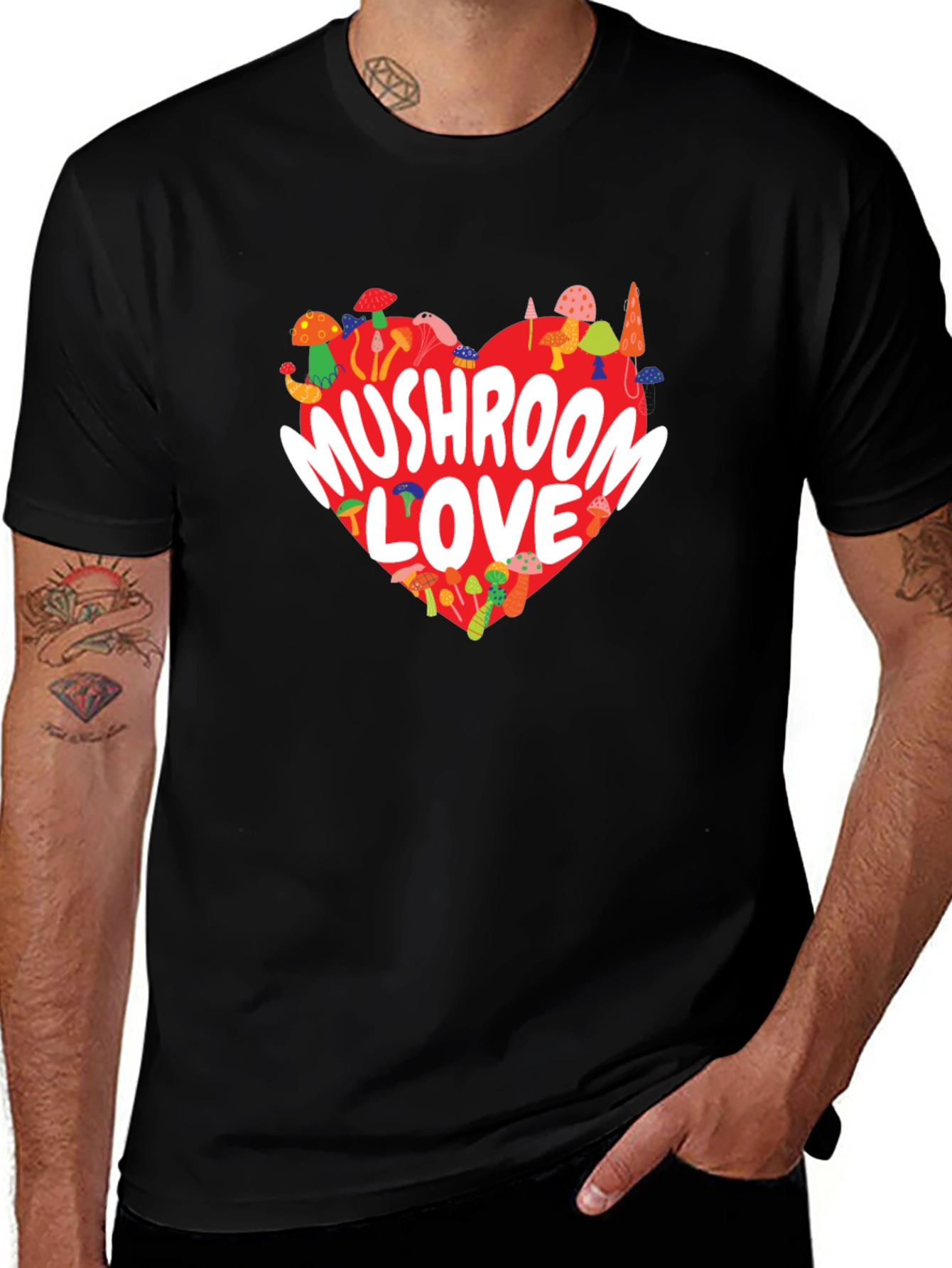 Mushroom Love Heart Graphic Tee - Black
