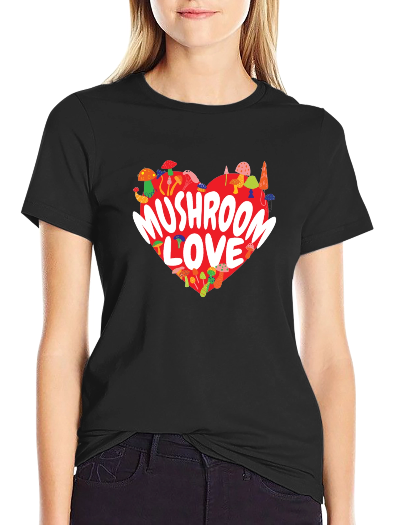 Mushroom Love Heart Graphic Tee - Black