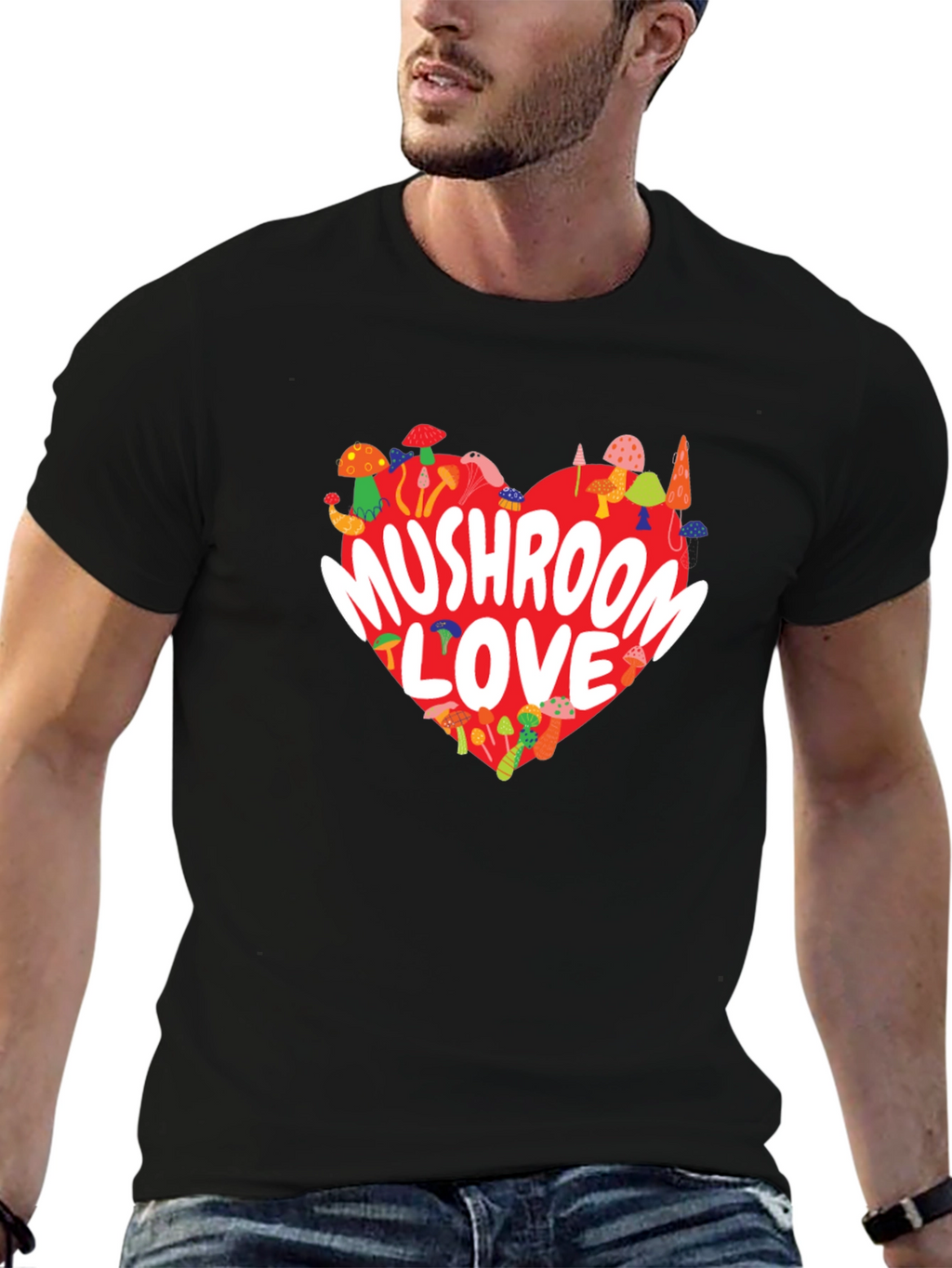 Mushroom Love Heart Graphic Tee - Black