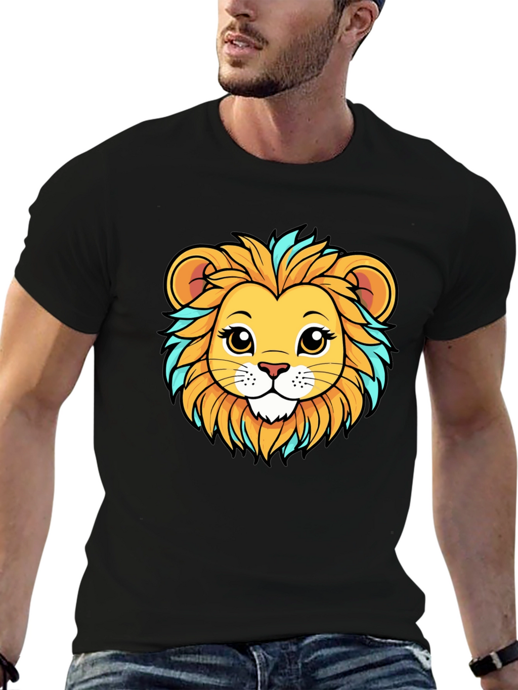 Lion Cartoon Graphic Tee - Unisex Black T-Shirt