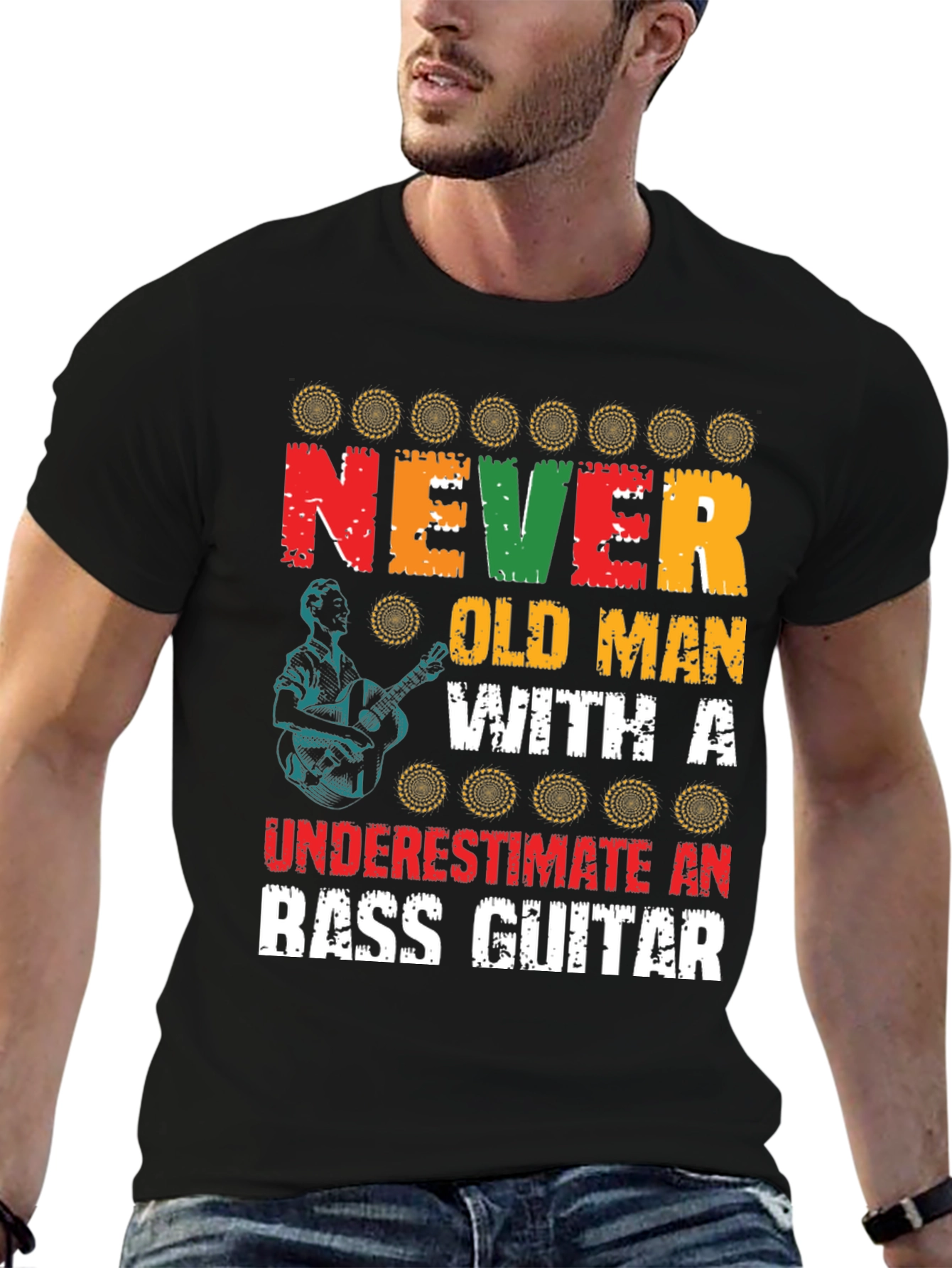 Never Underestimate Old Man with Bass Guitar Graphic Tee