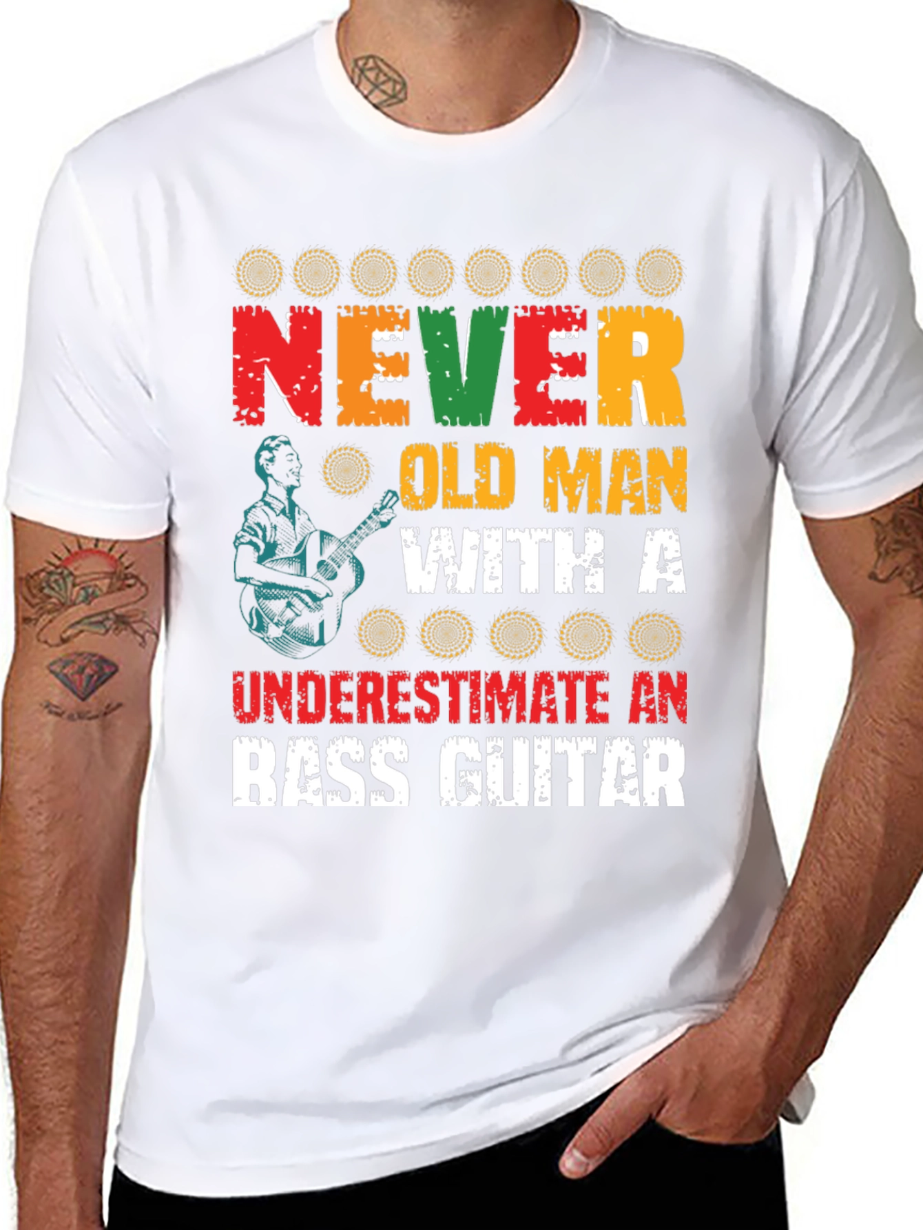 Never Underestimate Old Man with Bass Guitar Graphic Tee