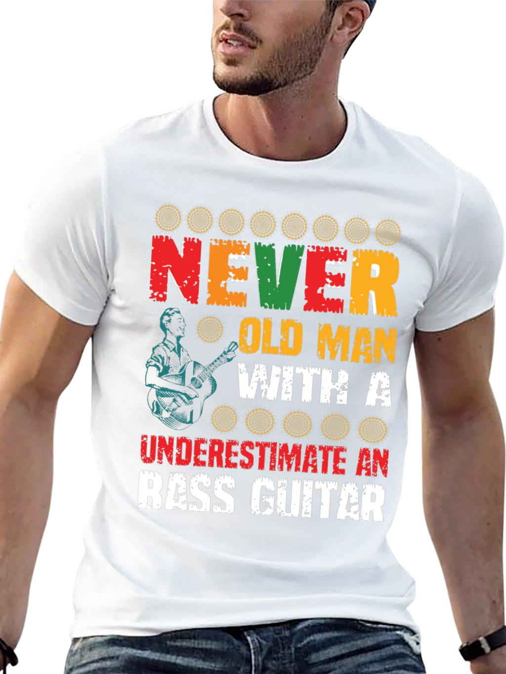 Never Underestimate Old Man with Bass Guitar Graphic Tee