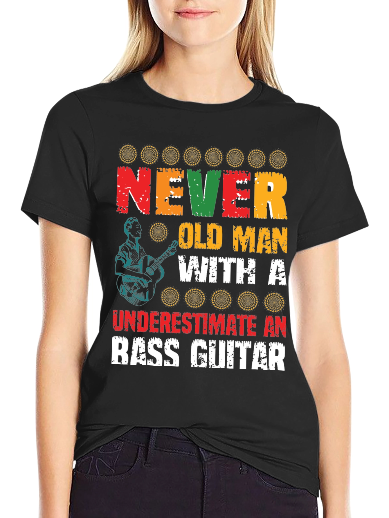 Never Underestimate Old Man with Bass Guitar Graphic Tee