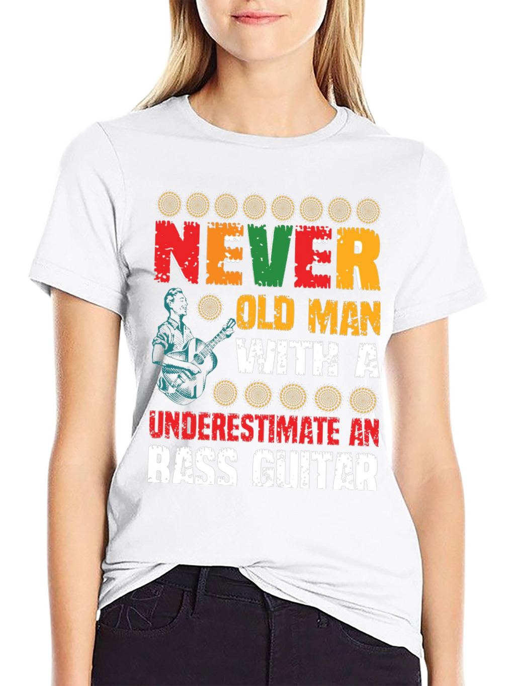 Never Underestimate Old Man with Bass Guitar Graphic Tee