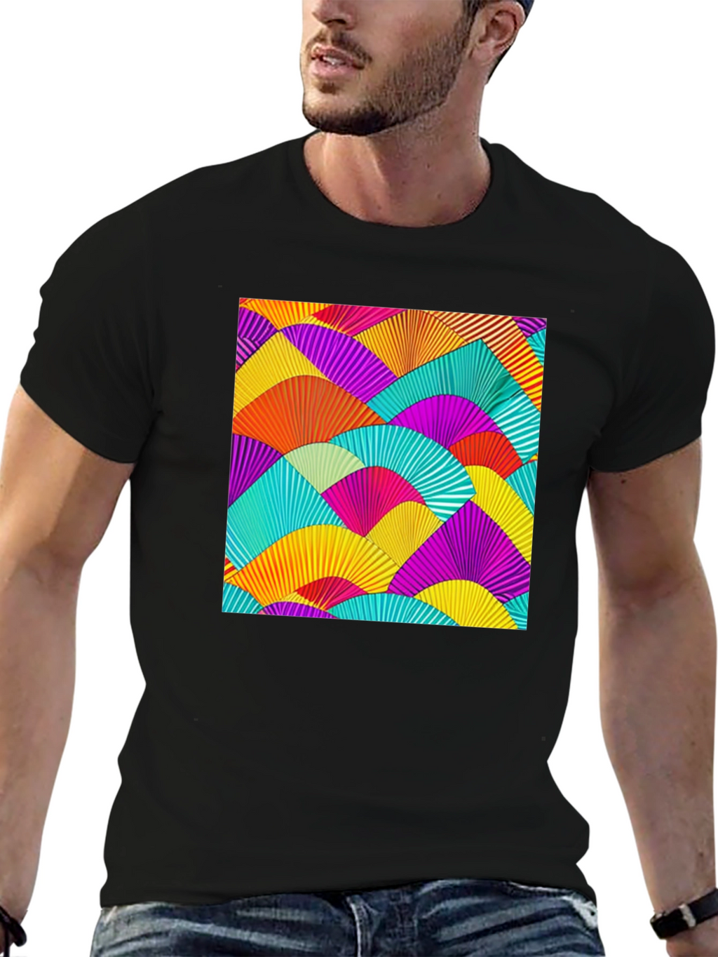 Vibrant Fan Pattern Black T-Shirt