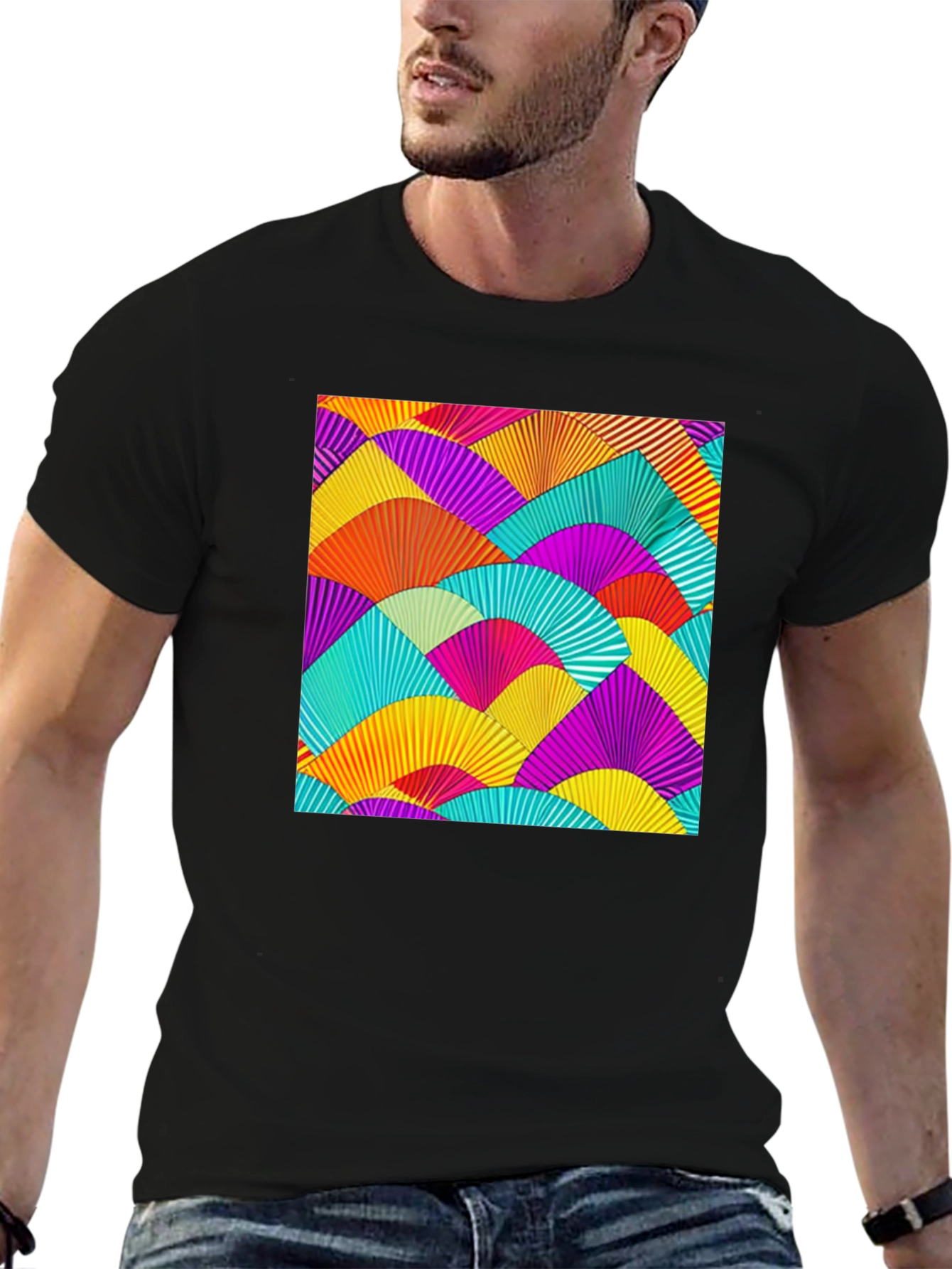 Vibrant Fan Pattern Black T-Shirt