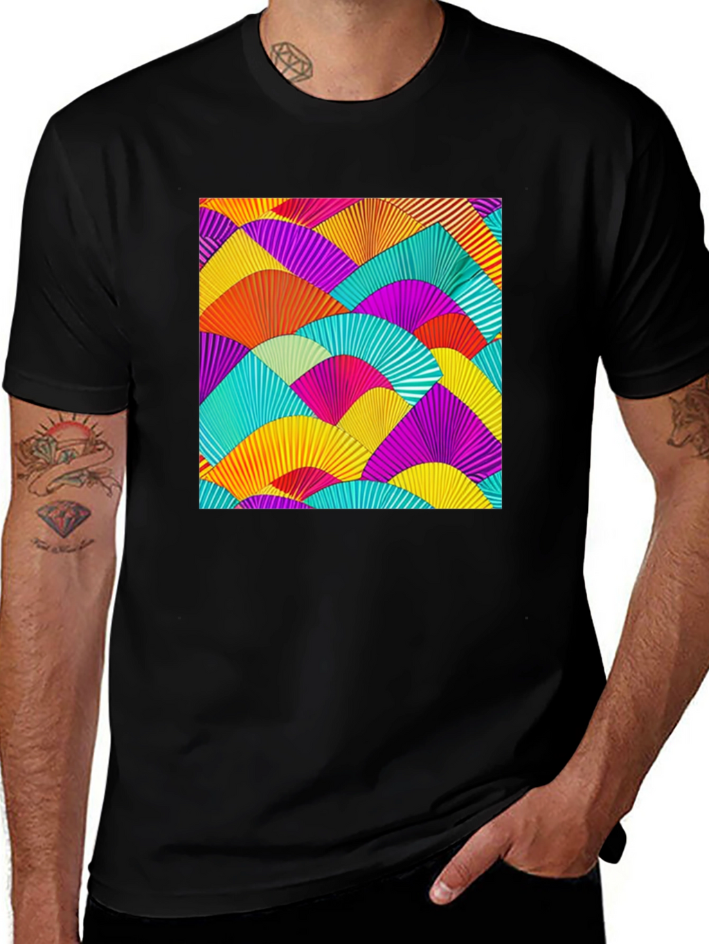 Vibrant Fan Pattern Black T-Shirt