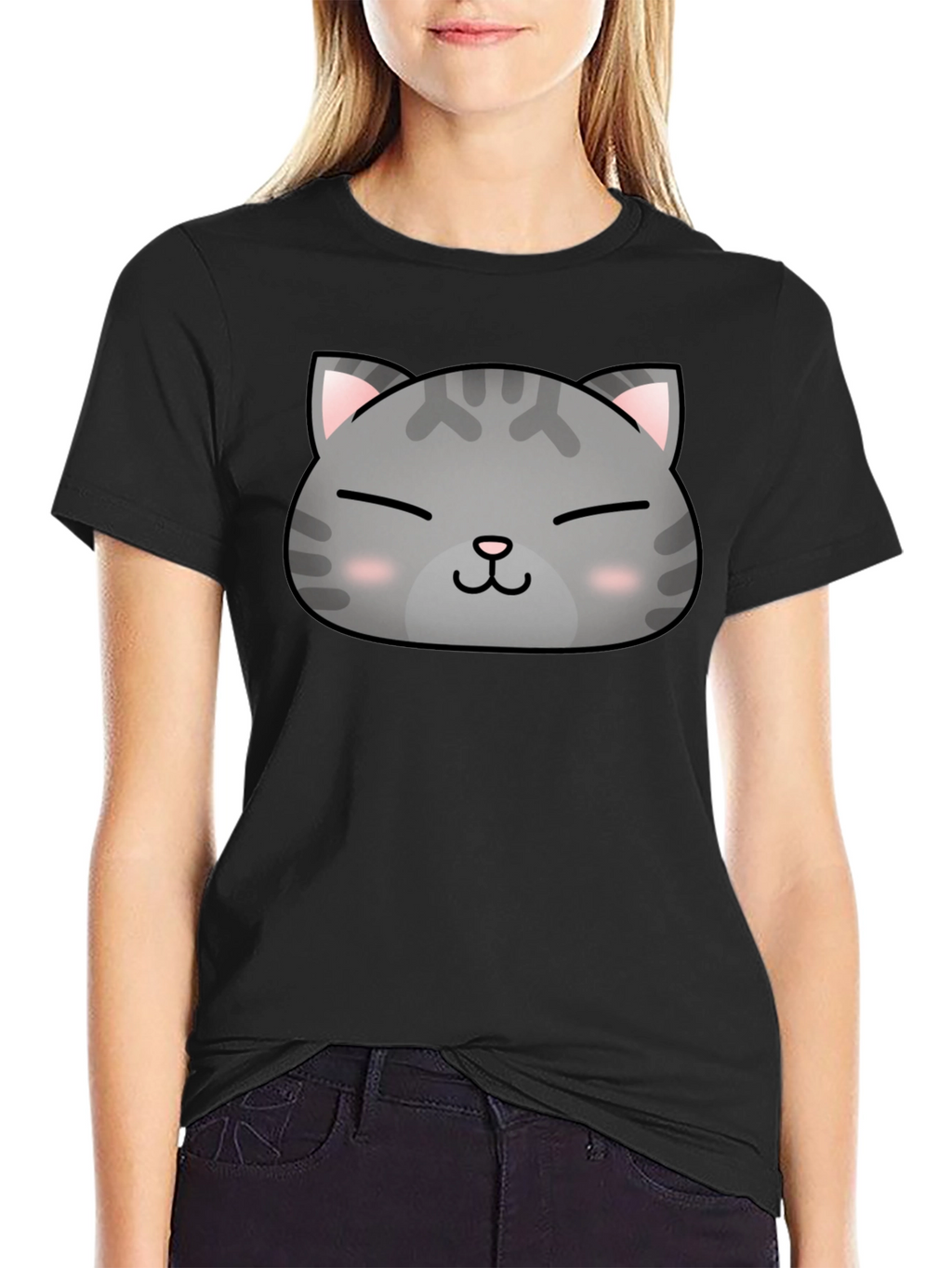 Cute Cat Face Graphic Print Black T-Shirt