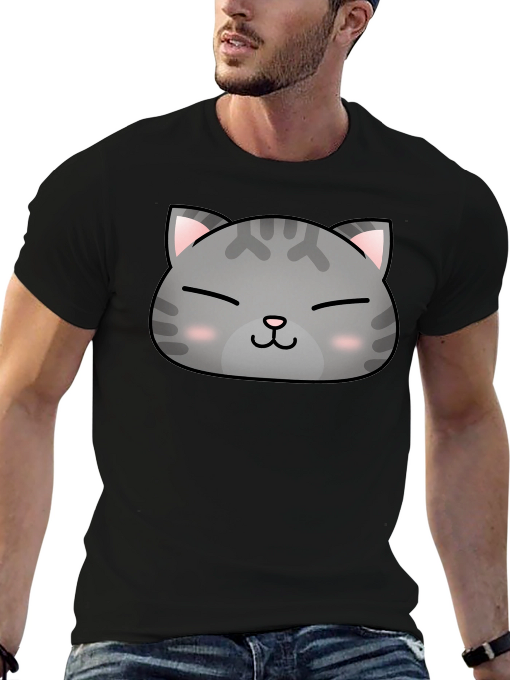 Cute Cat Face Graphic Print Black T-Shirt