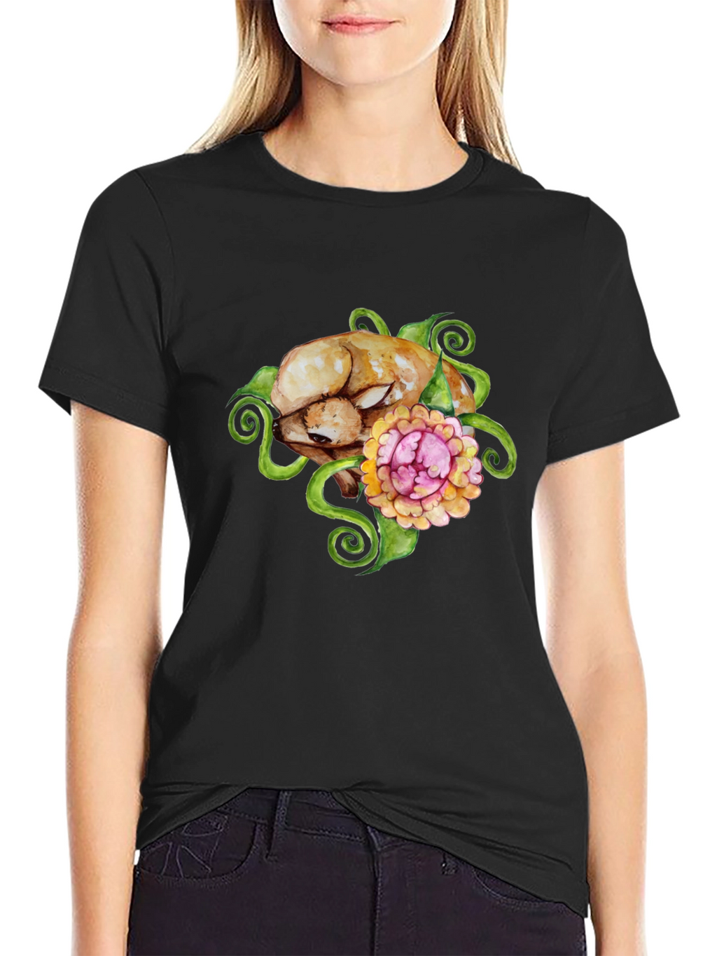 Floral Puppy T-Shirt - Black Cotton Blend