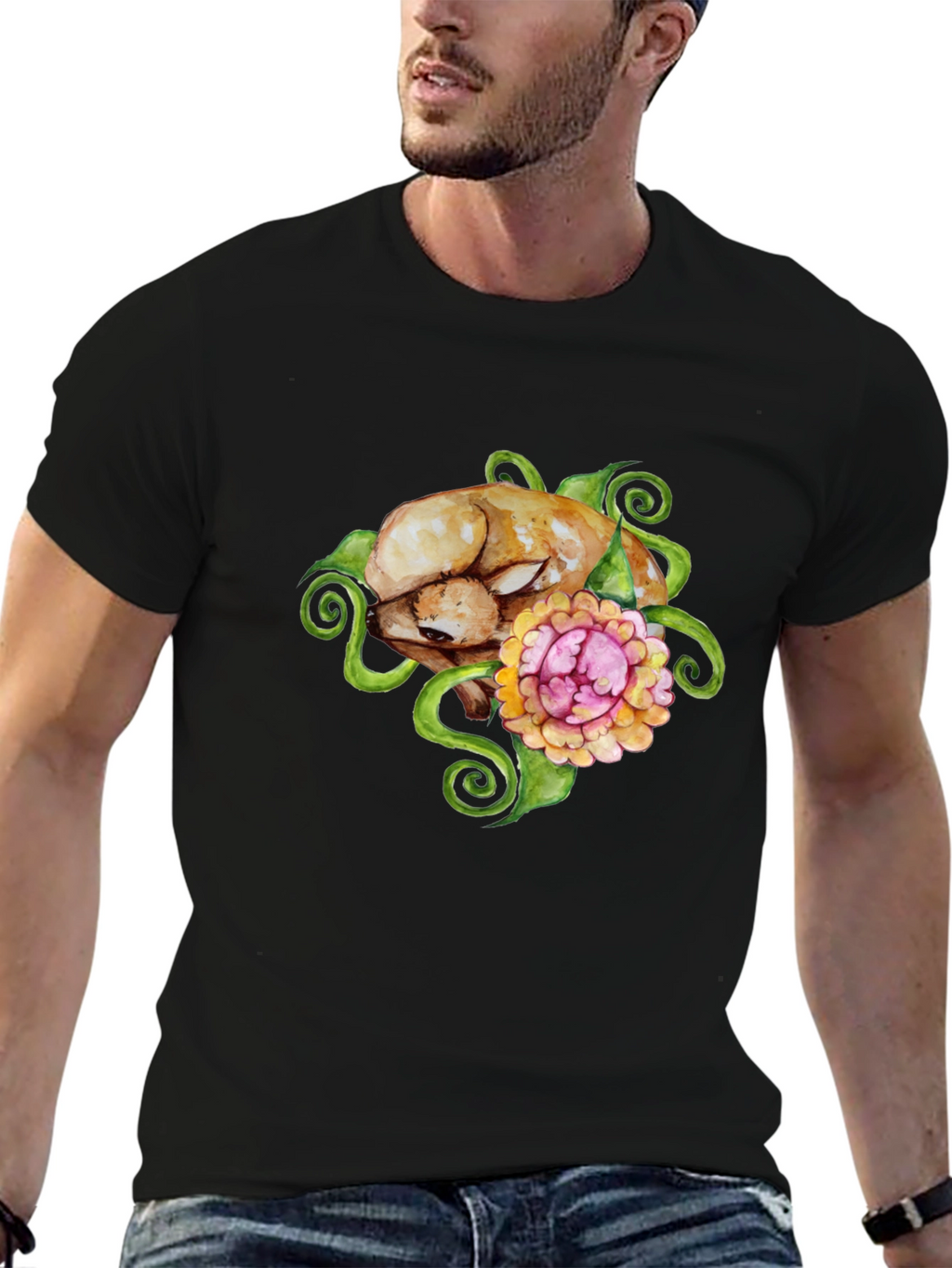 Floral Puppy T-Shirt - Black Cotton Blend