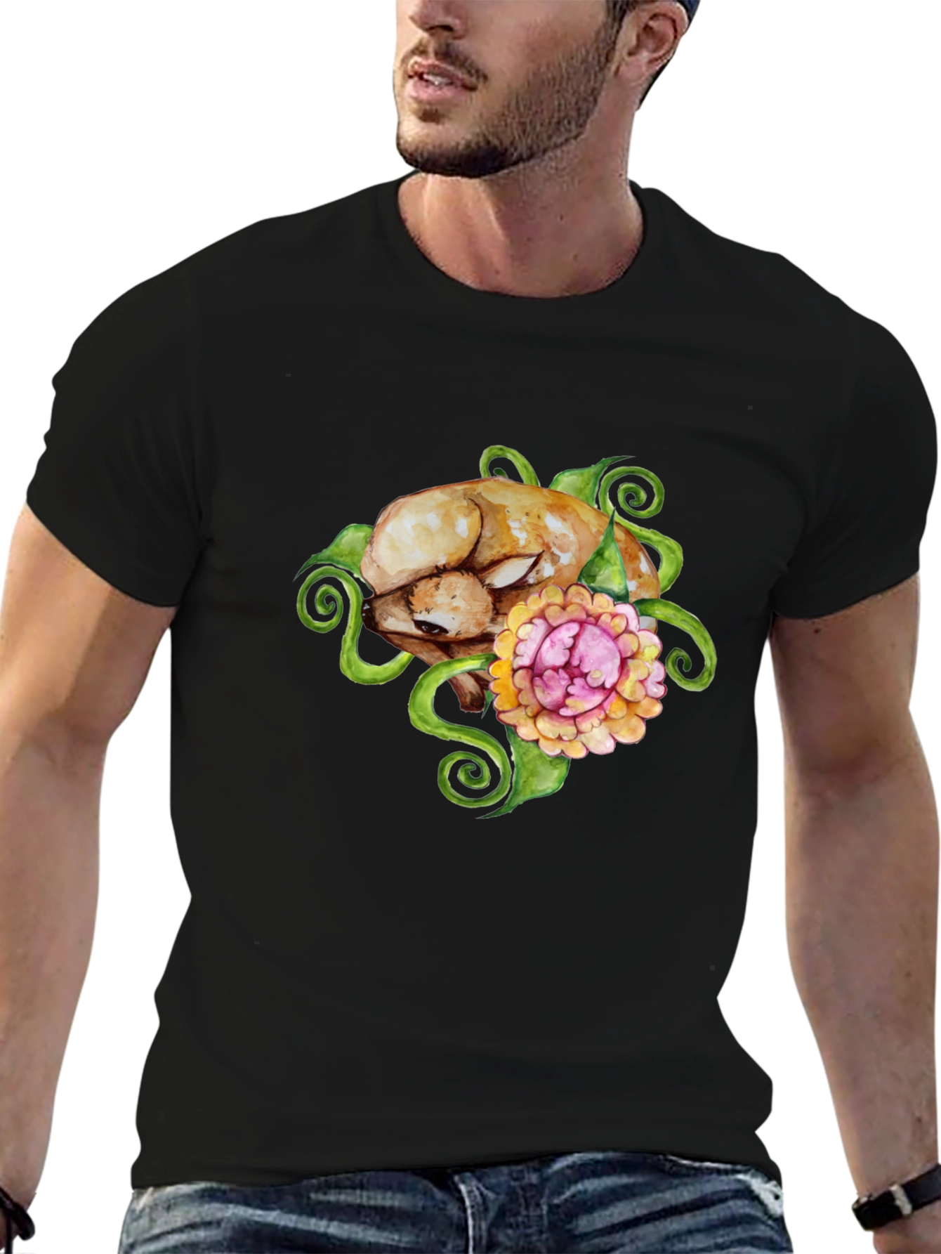 Floral Puppy T-Shirt - Black Cotton Blend