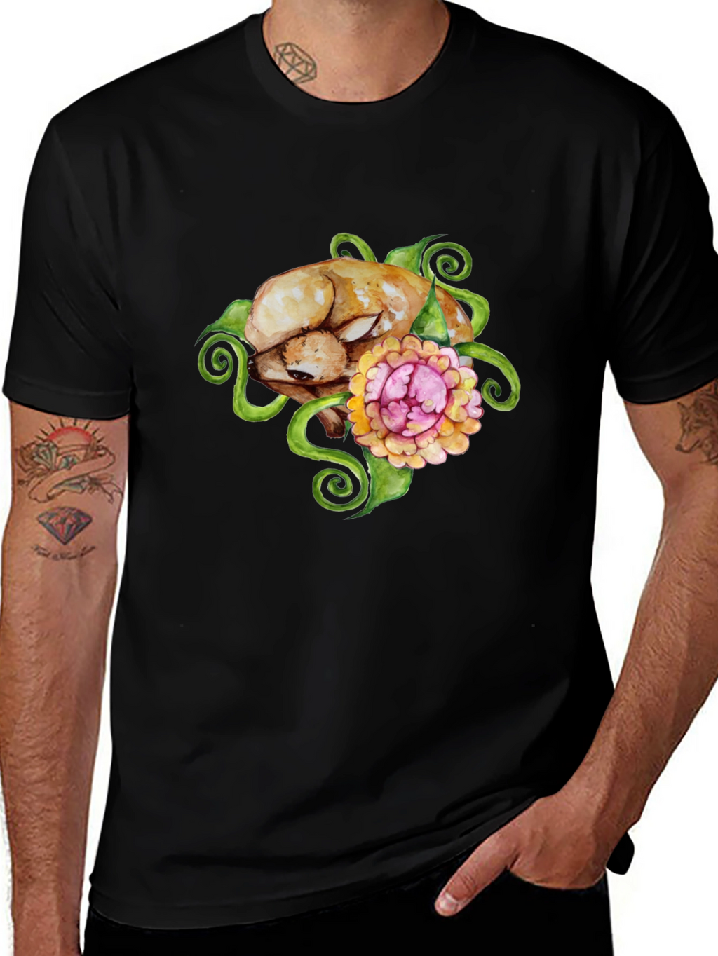 Floral Puppy T-Shirt - Black Cotton Blend