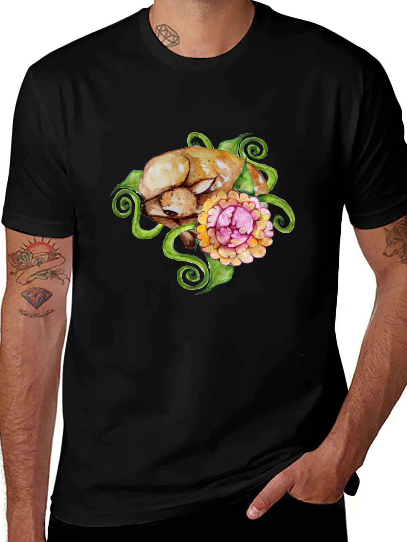 Floral Puppy T-Shirt - Black Cotton Blend