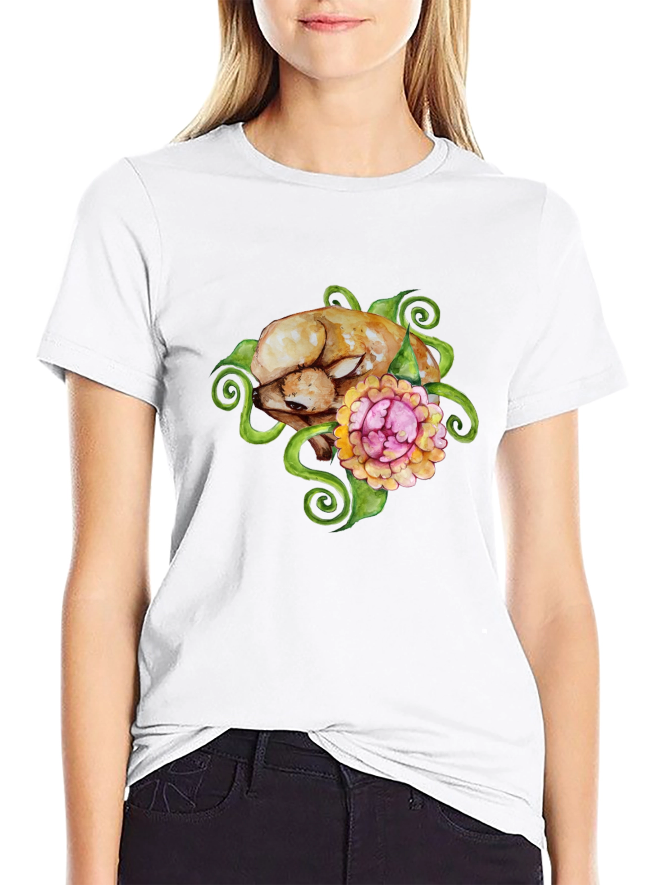 Floral Puppy T-Shirt - Black Cotton Blend