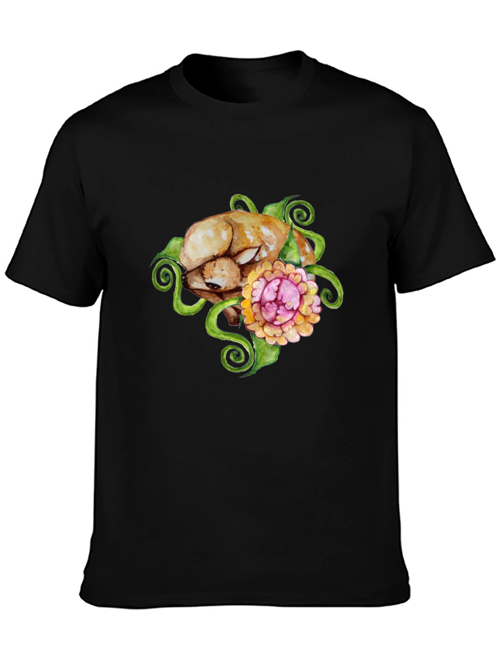 Floral Puppy T-Shirt - Black Cotton Blend