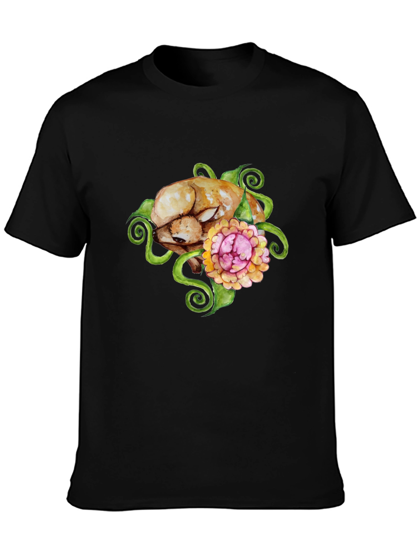 Floral Puppy T-Shirt - Black Cotton Blend