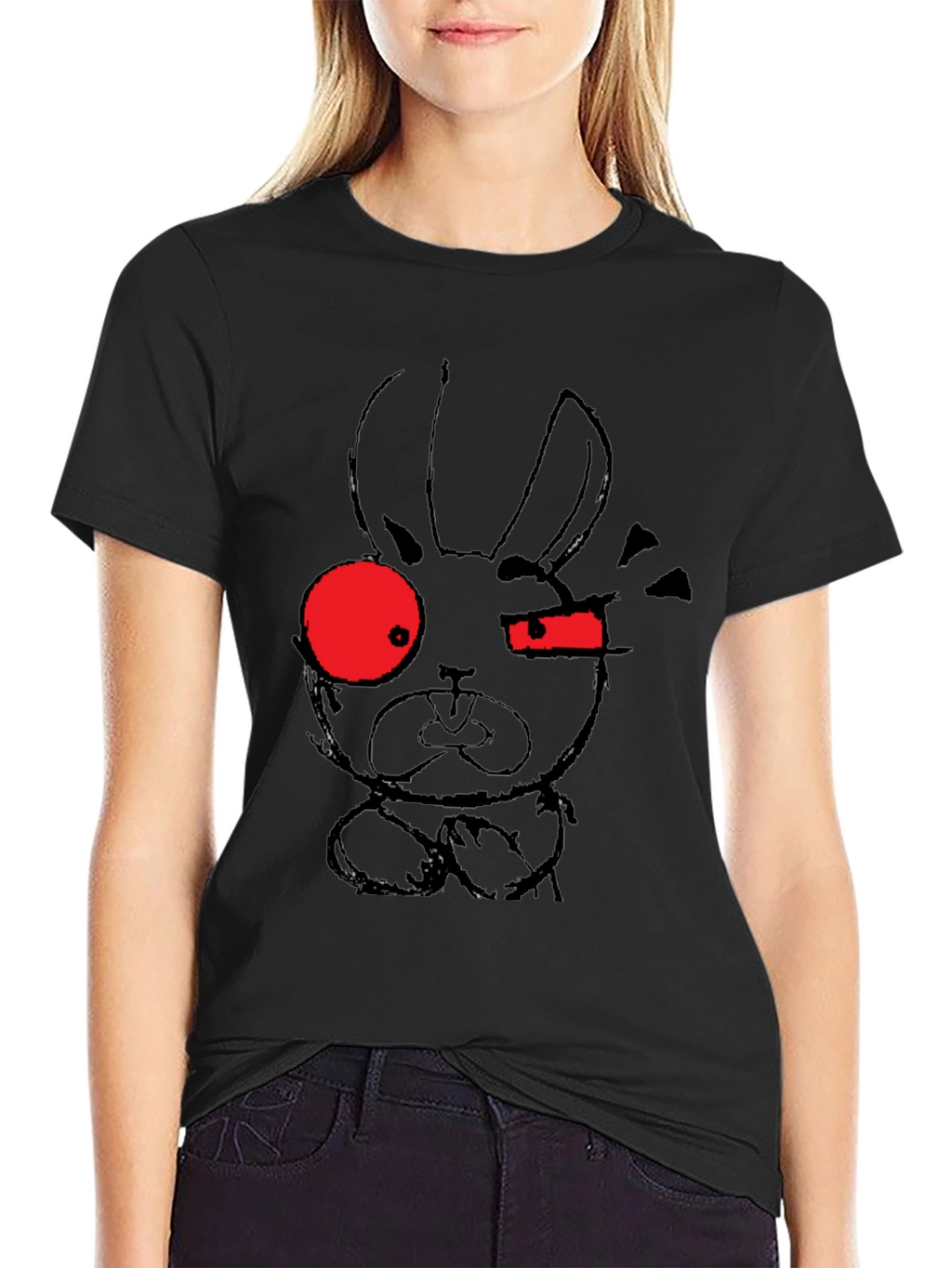 Edgy Rabbit Graphic Tee - Black Cotton Blend