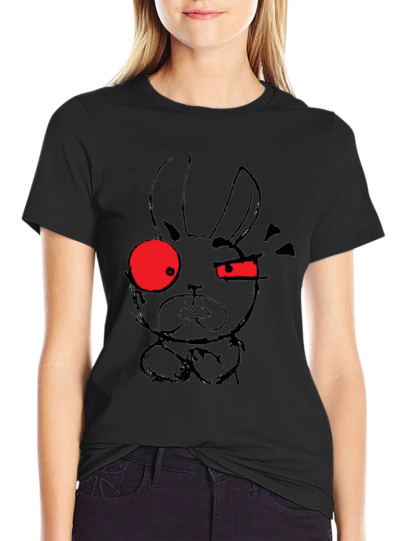 Edgy Rabbit Graphic Tee - Black Cotton Blend