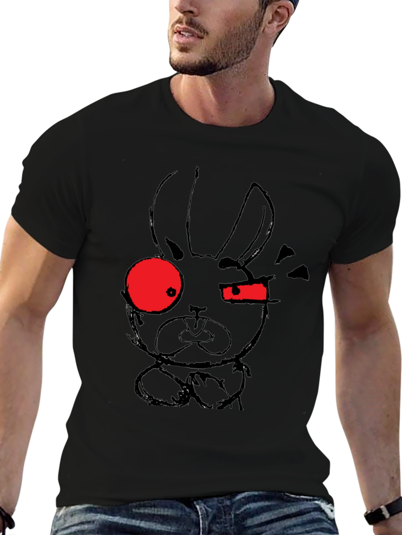 Edgy Rabbit Graphic Tee - Black Cotton Blend