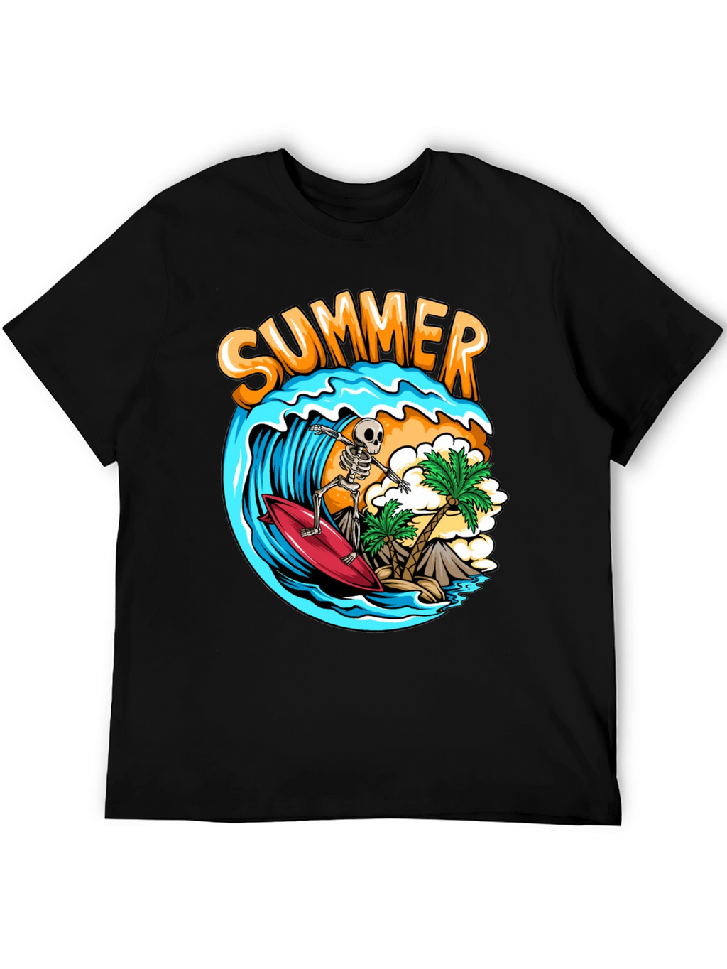 Summer Skeleton Surfing Graphic T-Shirt