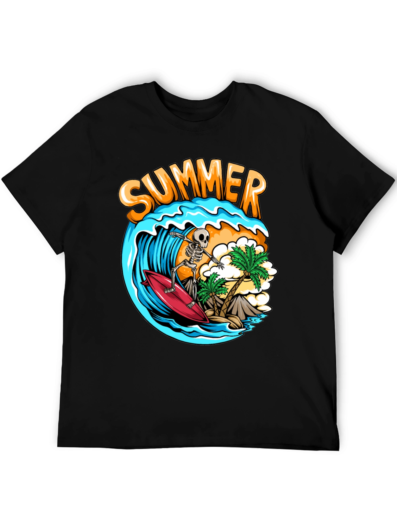Summer Skeleton Surfing Graphic T-Shirt