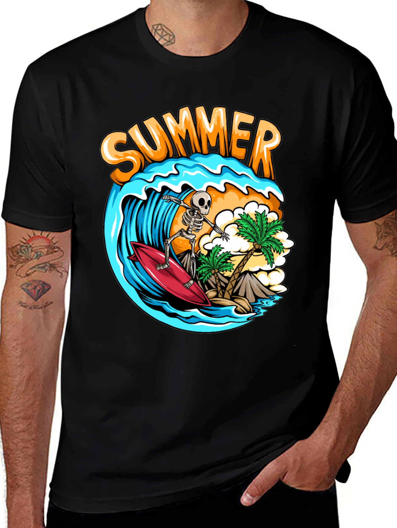 Summer Skeleton Surfing Graphic T-Shirt