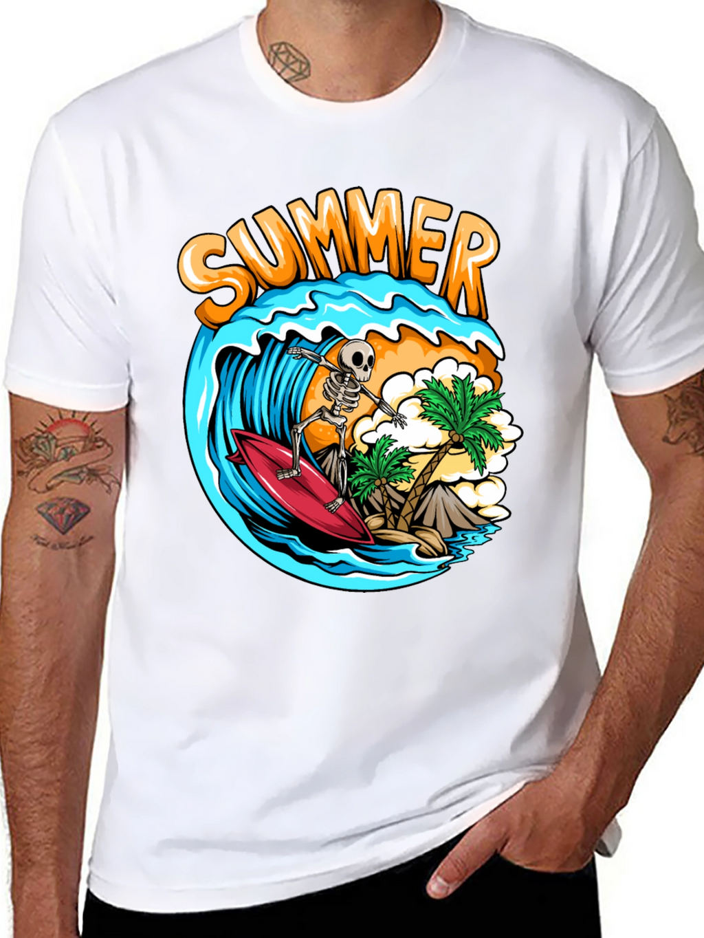 Summer Skeleton Surfing Graphic T-Shirt