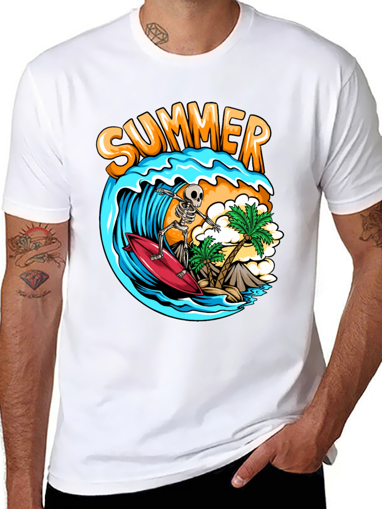Summer Skeleton Surfing Graphic T-Shirt
