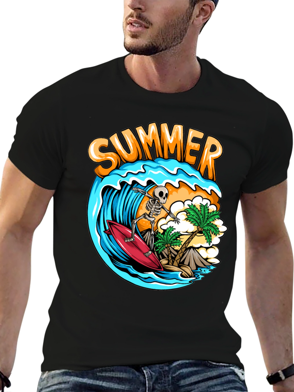 Summer Skeleton Surfing Graphic T-Shirt
