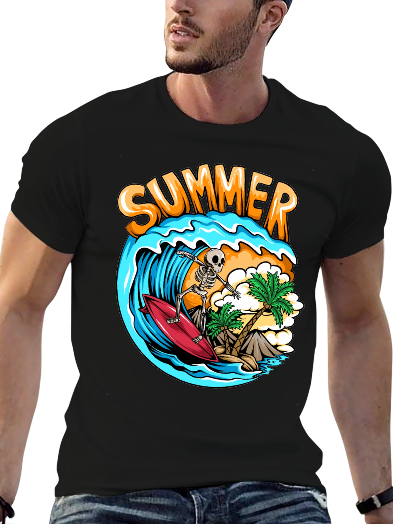 Summer Skeleton Surfing Graphic T-Shirt