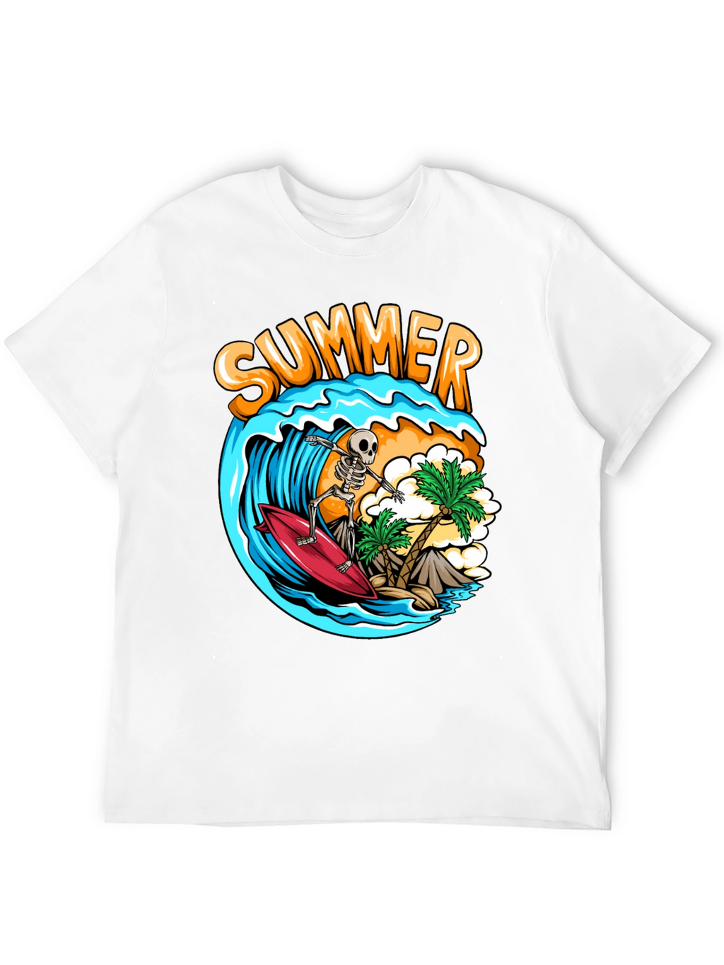 Summer Skeleton Surfing Graphic T-Shirt