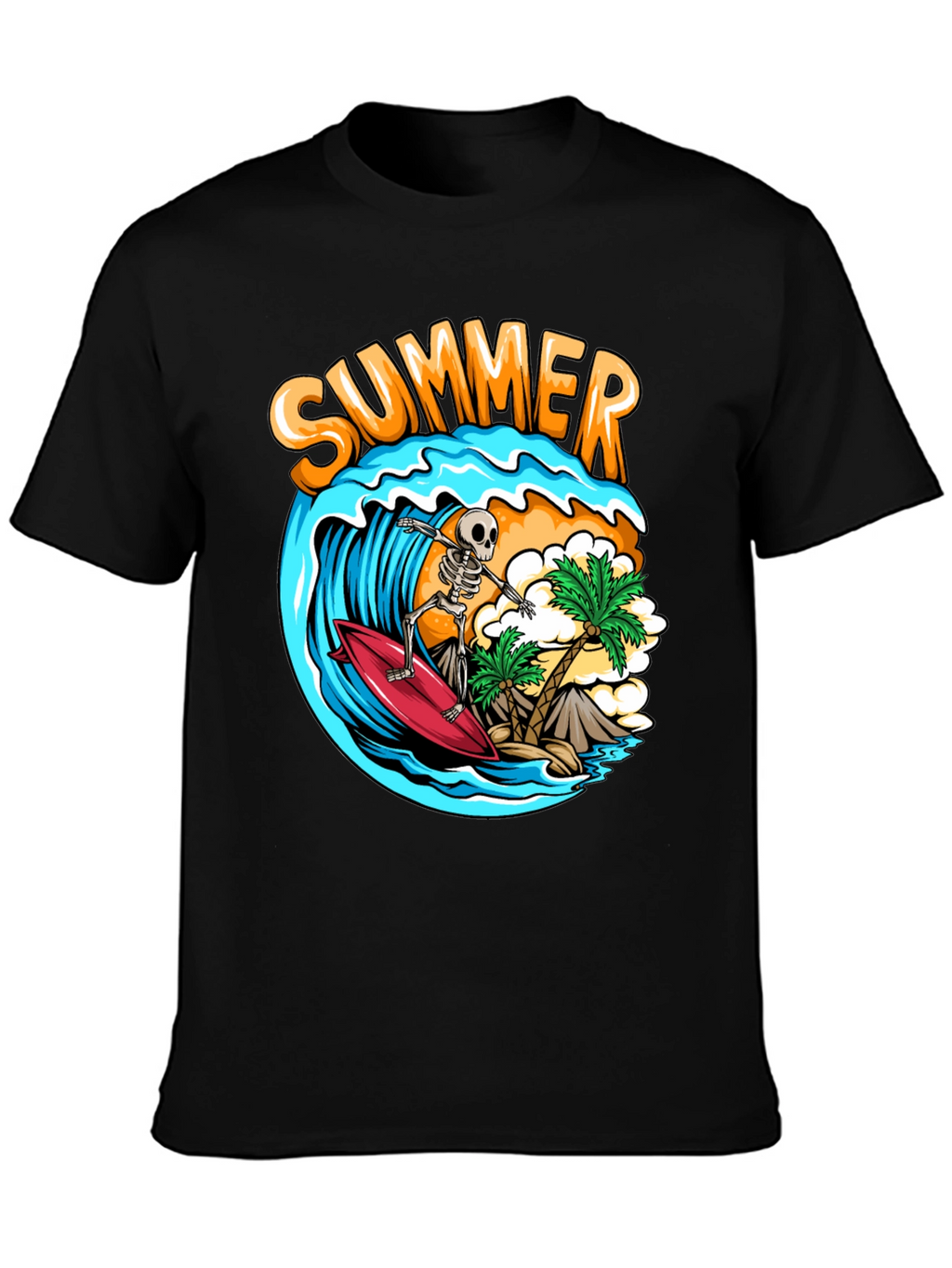 Summer Skeleton Surfing Graphic T-Shirt