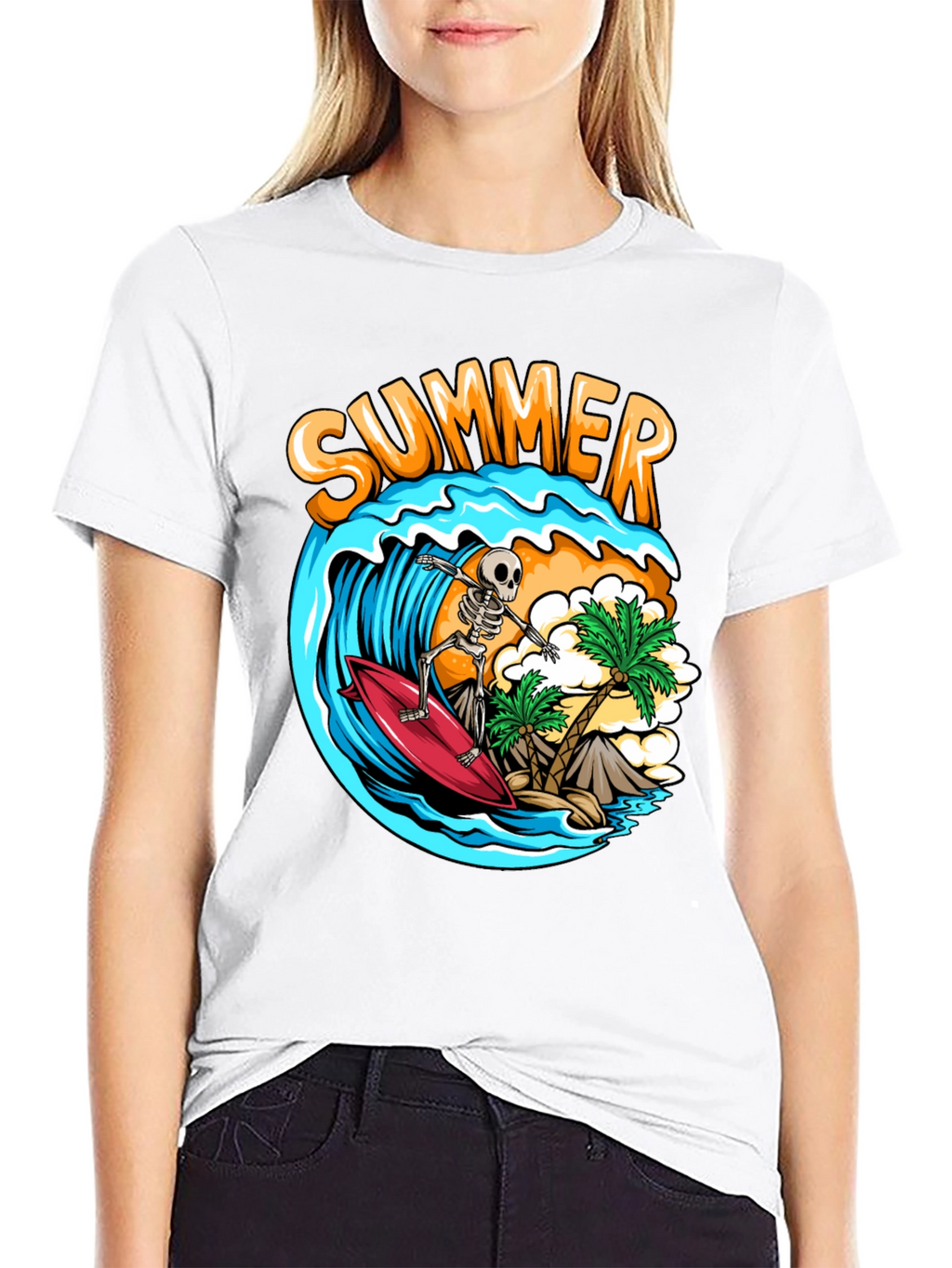 Summer Skeleton Surfing Graphic T-Shirt