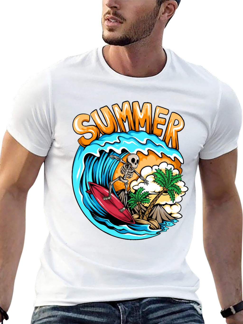 Summer Skeleton Surfing Graphic T-Shirt