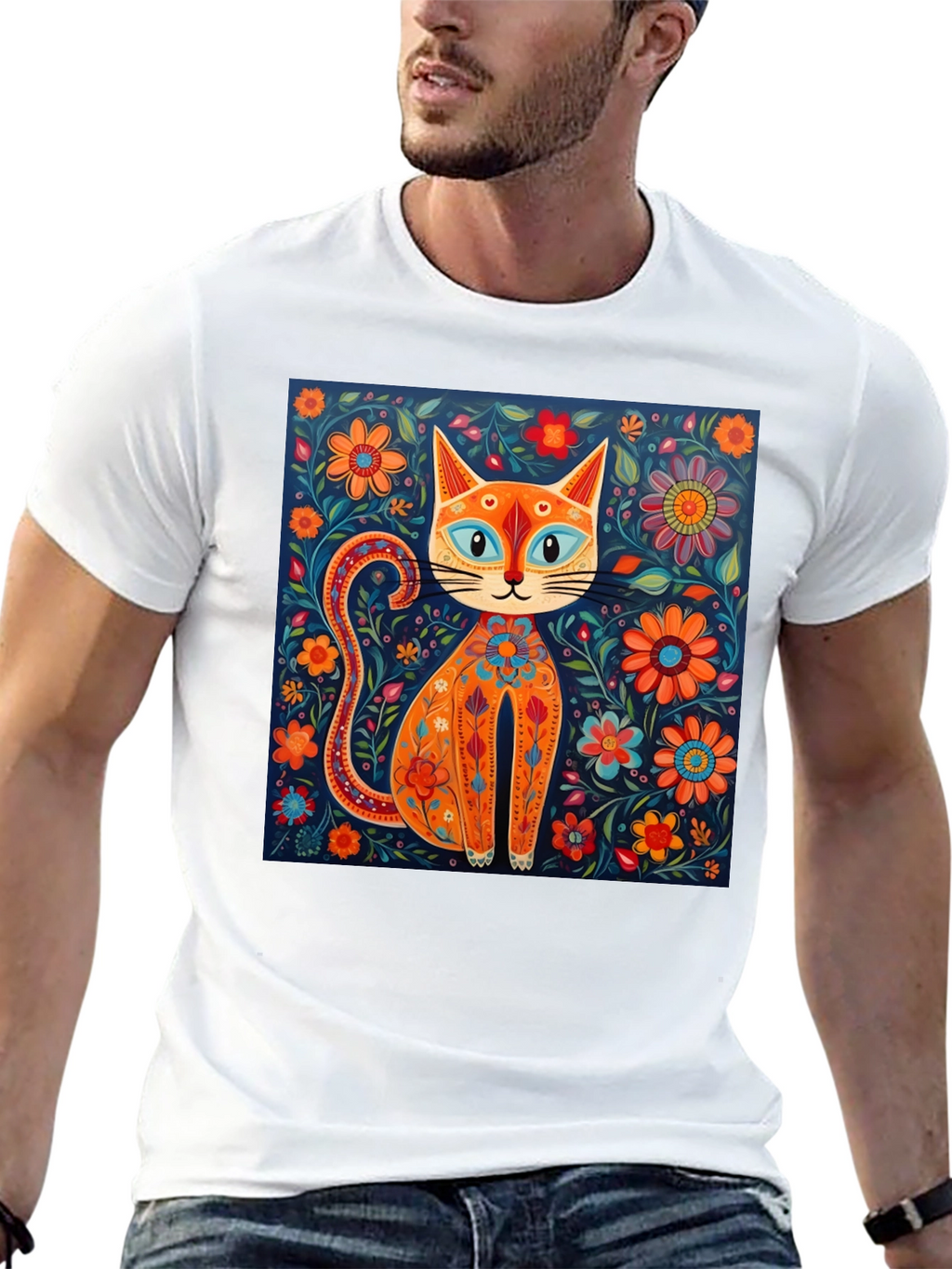 Floral Cat Graphic Tee - Unique Artistic Design