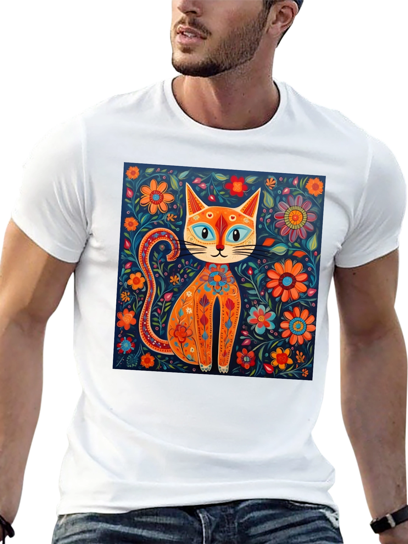 Floral Cat Graphic Tee - Unique Artistic Design