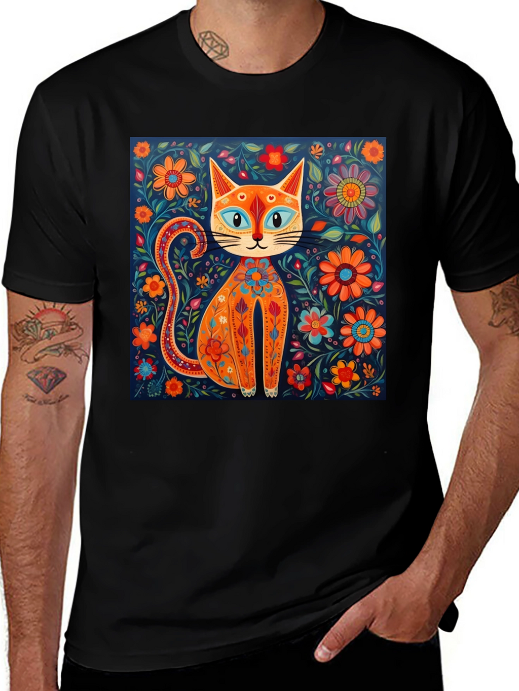 Floral Cat Graphic Tee - Unique Artistic Design