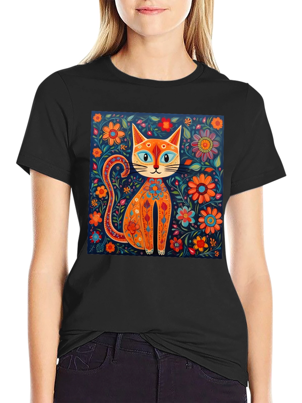 Floral Cat Graphic Tee - Unique Artistic Design