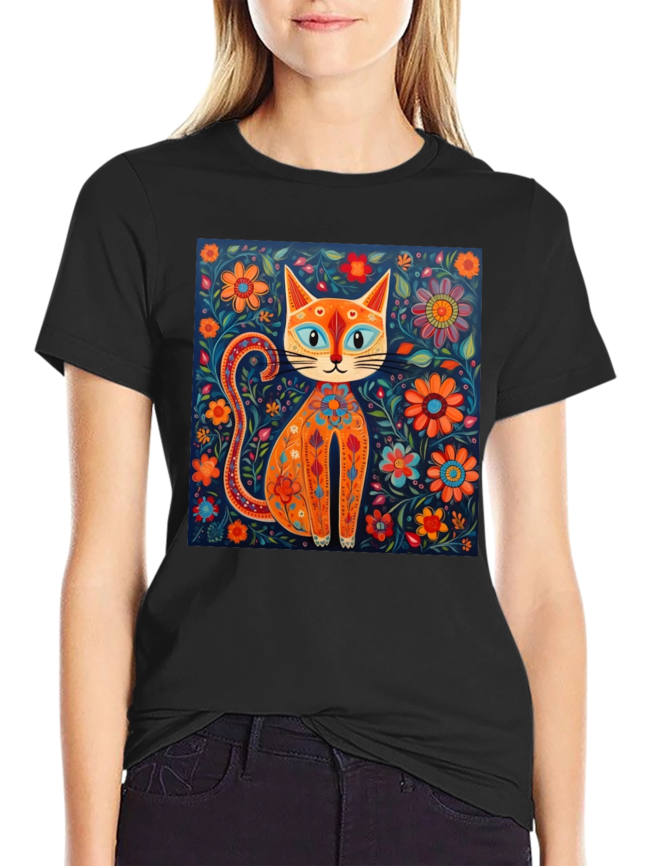 Floral Cat Graphic Tee - Unique Artistic Design
