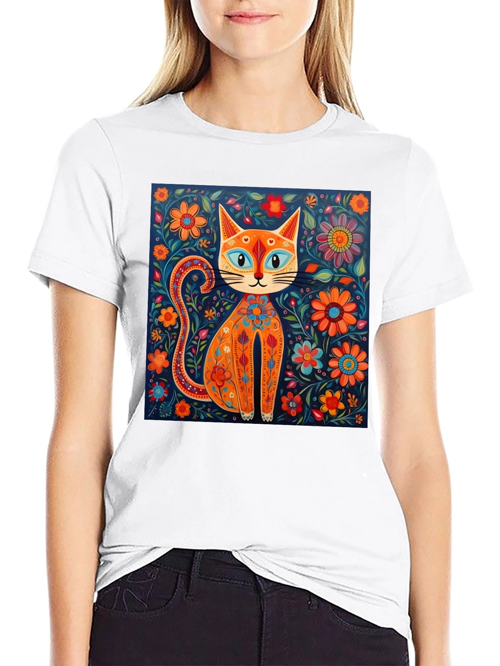Floral Cat Graphic Tee - Unique Artistic Design