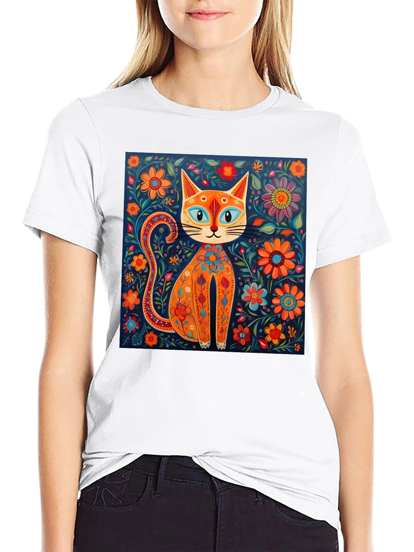 Floral Cat Graphic Tee - Unique Artistic Design