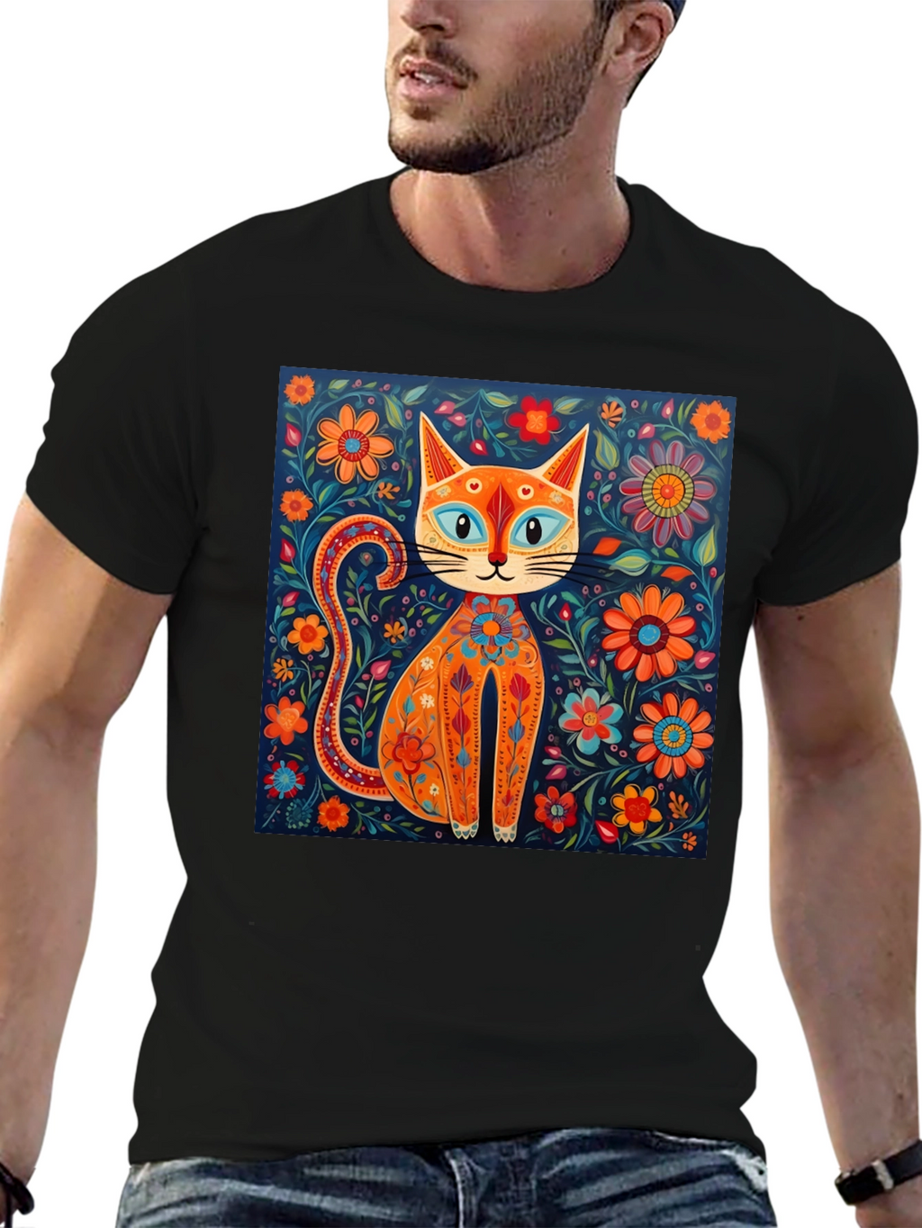 Floral Cat Graphic Tee - Unique Artistic Design