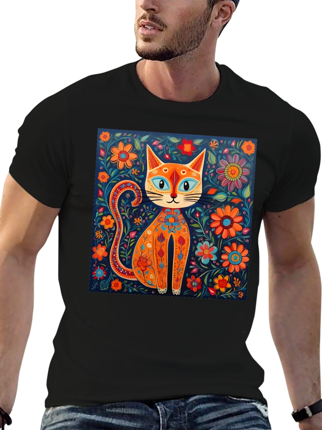 Floral Cat Graphic Tee - Unique Artistic Design