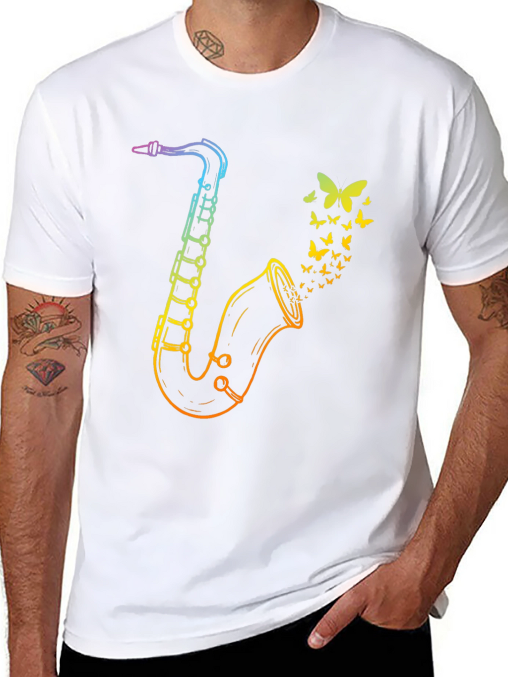 Rainbow Saxophone Butterfly Mens Black T-Shirt