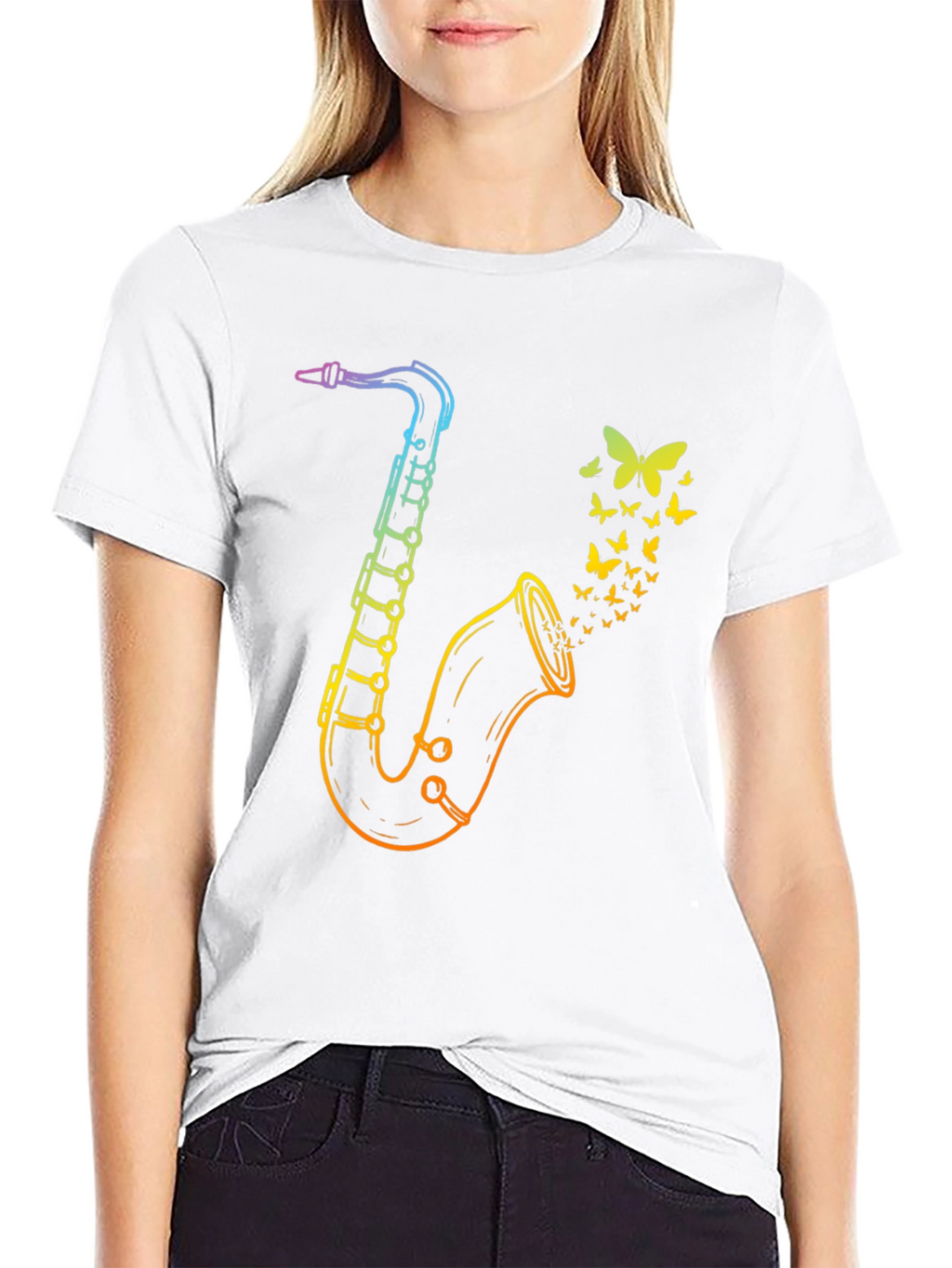 Rainbow Saxophone Butterfly Mens Black T-Shirt